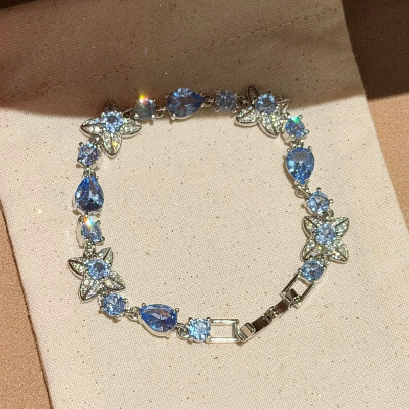 春夏小清新藍色閃鉆花朵手鏈甜美清冷風手串簡約百搭高級感手飾女