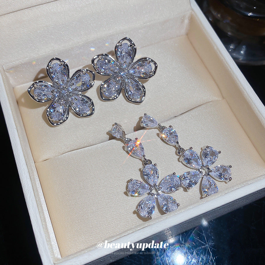 熠熠生花~超閃鋯石花朵耳夾耳釘套裝輕奢高級感時尚精致百搭耳飾