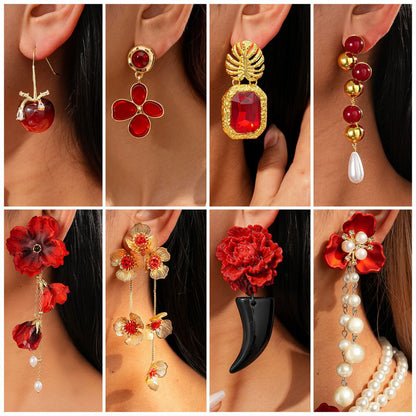 紅色琺瑯花朵流蘇耳環－商品主圖｜https://igowo.tw/
