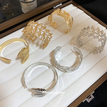 歐美金屬樹葉紋路開口手鐲個性夸張簡約時尚手環輕奢高級感手飾女