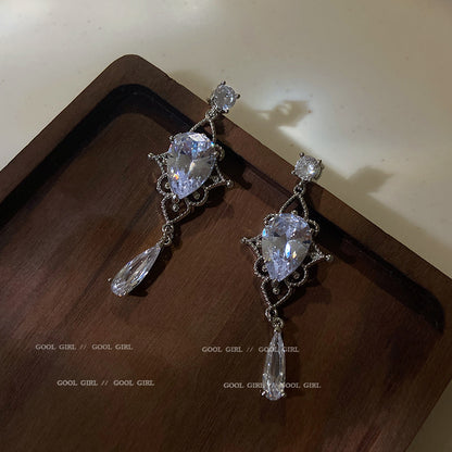 銀針鑲鉆水滴流蘇耳釘宮廷風氣質小眾百搭耳環輕奢高級感耳飾批發