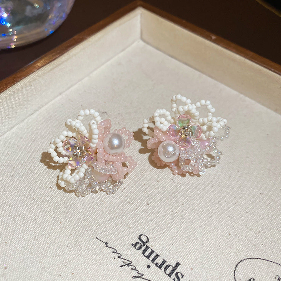 珍珠銀針花朵鑲鑽耳釘