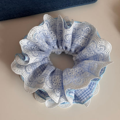 粉色蕾絲格紋髮圈