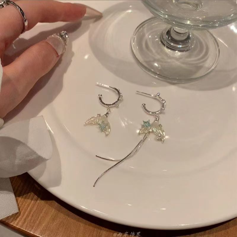 銀針海洋系不對稱魚尾流蘇耳釘女小眾時尚百搭耳環輕奢高級感耳飾