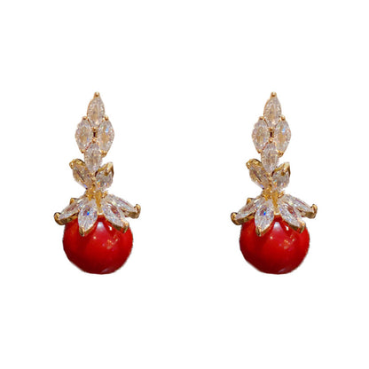 紅色珍珠樹葉微鑲耳墜