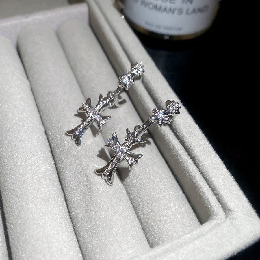 超閃~鋯石十字架吊墜耳扣項鏈套裝輕奢高級感精致時尚歐美風飾品