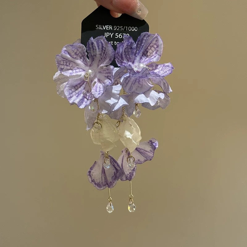 銀針布藝米珠雪紡花串珠流蘇耳環超仙甜美氣質耳釘小眾設計感耳飾