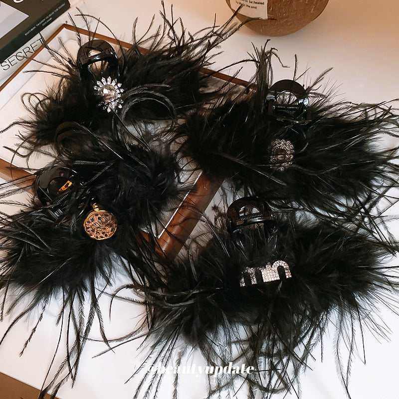 超仙鑲鉆羽毛發夾抓夾女秋冬韓系后腦勺鯊魚夾時尚輕奢高級感發飾