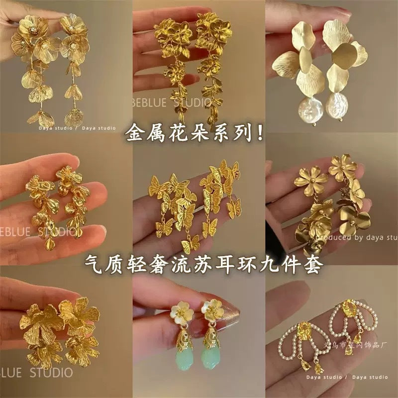 銀針花朵流蘇鑲鑽耳環－商品主圖｜https://igowo.tw/
