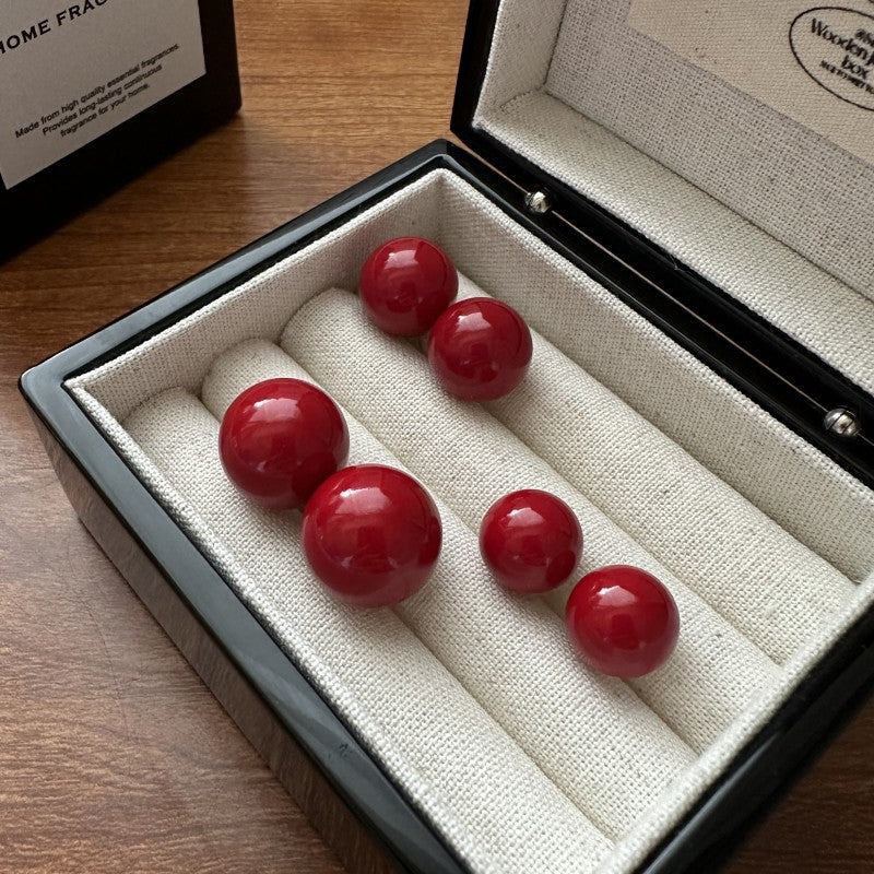 S925純銀紅貝珠耳釘國潮簡約基礎款耳環新年圣誕氛圍耳飾品