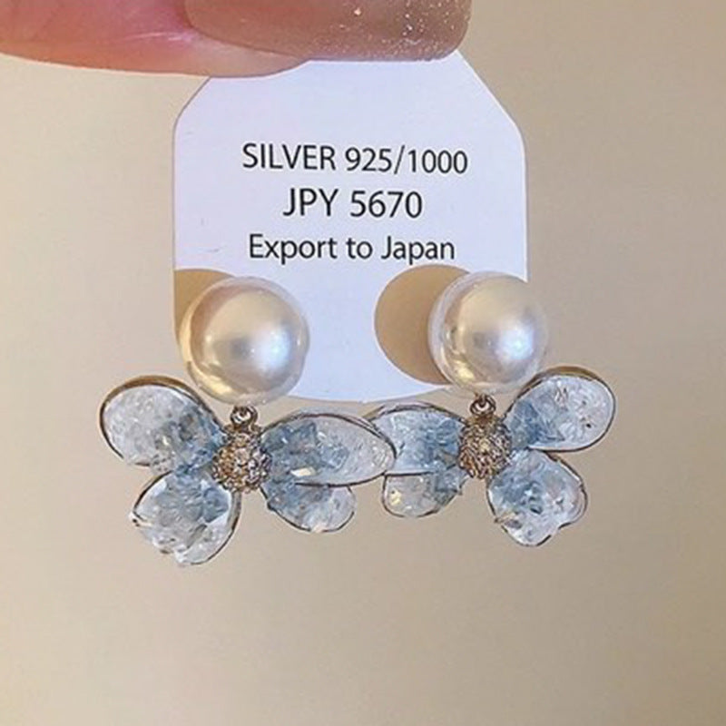 銀針漸變藍色系玻璃珠蝴蝶花朵耳環夏季清新氣質耳墜時尚甜美耳飾