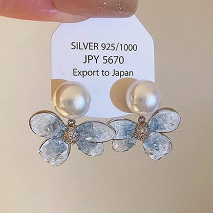 銀針漸變藍色系玻璃珠蝴蝶花朵耳環夏季清新氣質耳墜時尚甜美耳飾