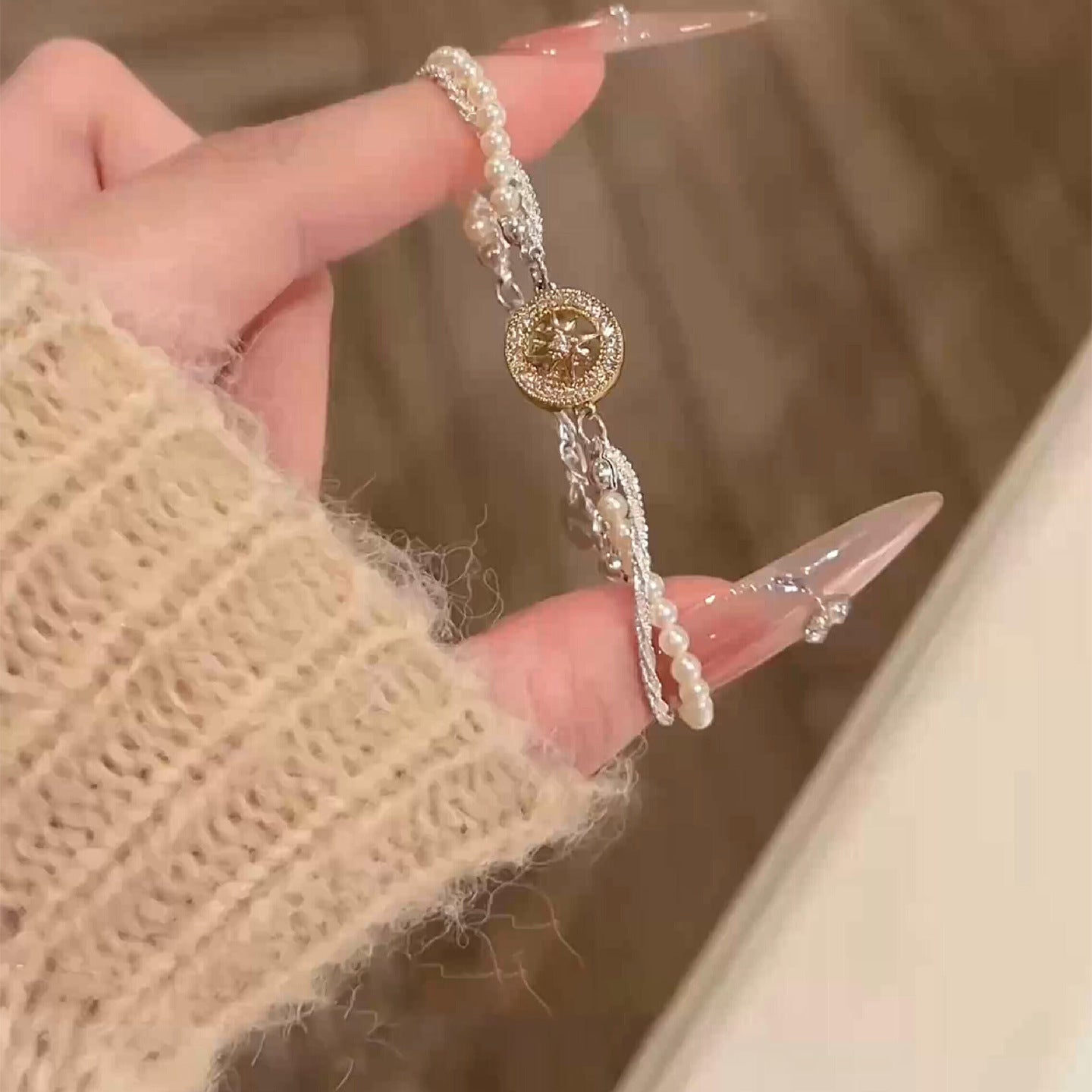 法式復古鋯石芒星珍珠手鏈精致氣質優雅百搭手環輕奢高級感手飾女