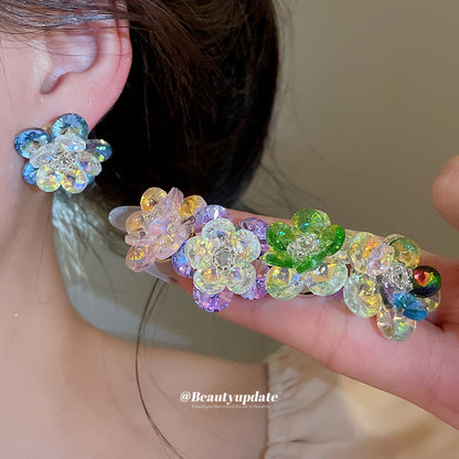 銀針多巴胺幻彩水晶花朵耳釘森系小清新時髦耳環設計感小眾耳飾女