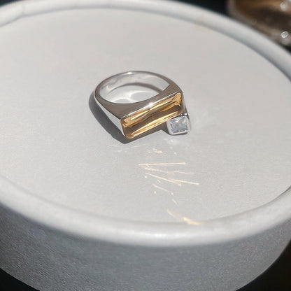 18K真金電鍍長方形戒指簡約鑲鉆開口指環歐美冷淡風復古食指戒女