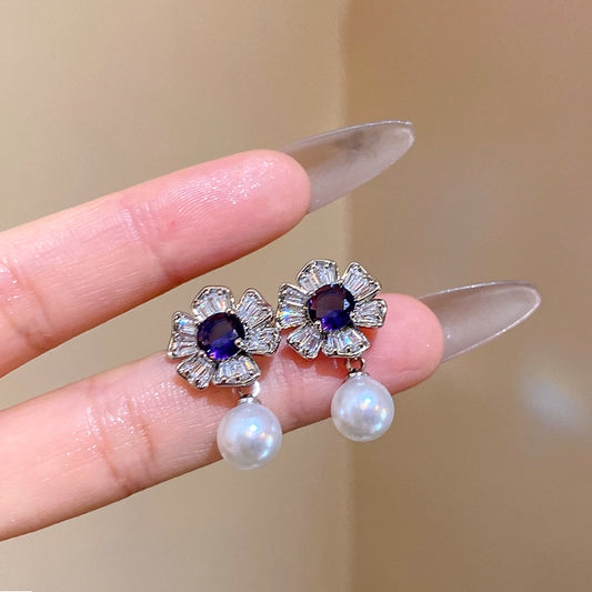 紫色珍珠鋯石花朵耳環－商品主圖｜https://igowo.tw/