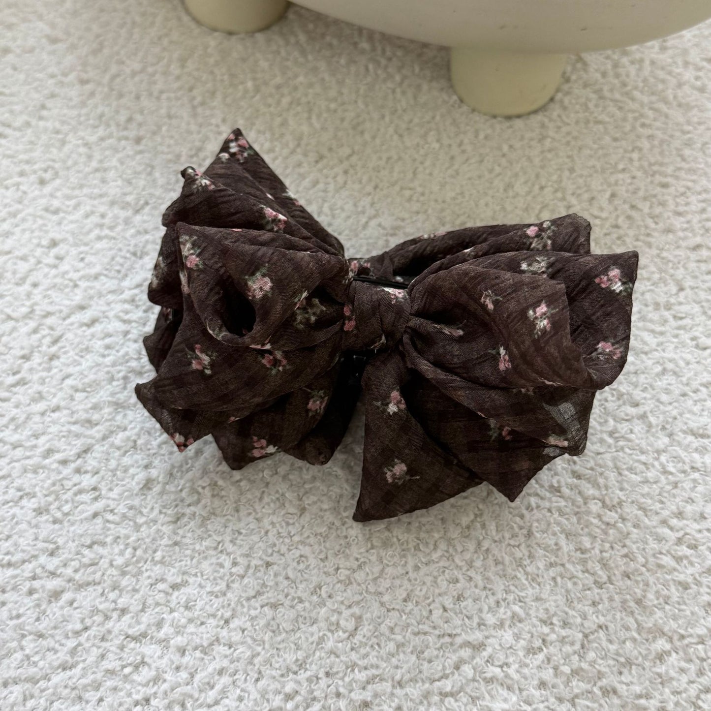 棕色碎花蝴蝶結髮夾