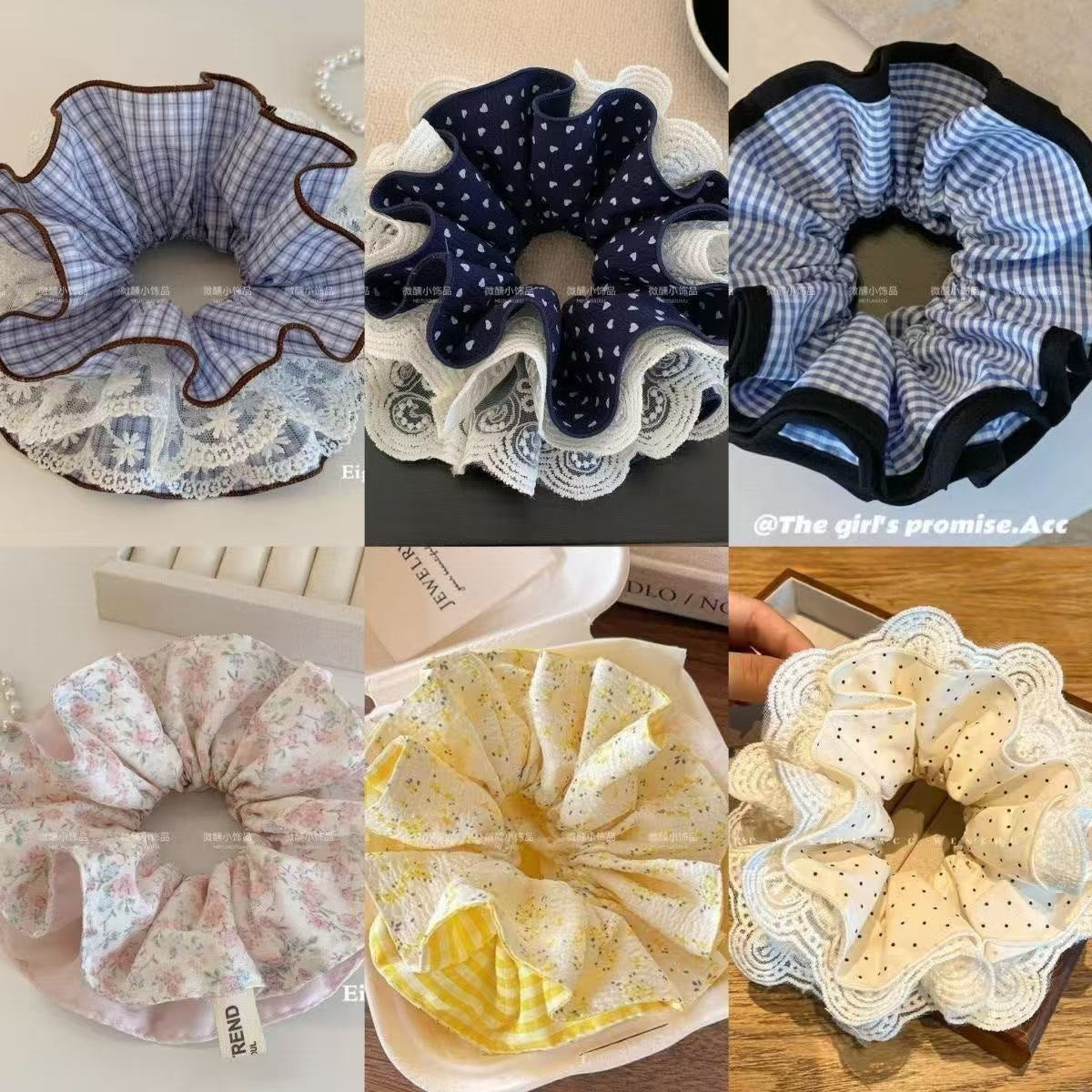 蕾絲格紋大腸圈髮圈－商品主圖｜https://igowo.tw/