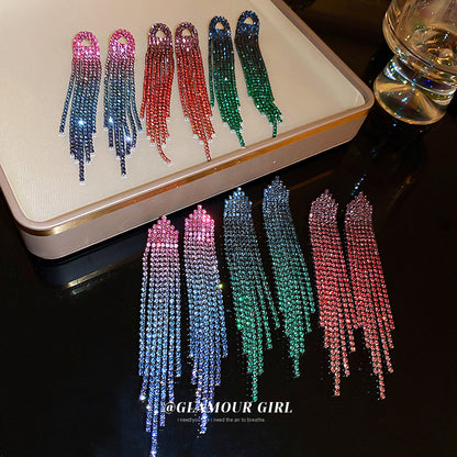 銀針鑲鉆彩色三角水滴流蘇耳環歐美夸張設計感耳墜氣質輕奢耳飾女