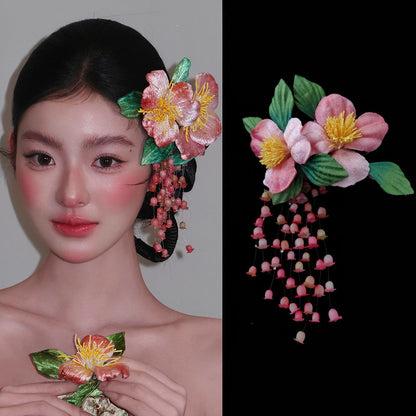 新中式粉色鈴蘭花流蘇鴨嘴夾古典高級感發夾超仙甜美側邊夾頭飾女