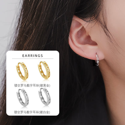 S925 鏤空羅馬數字耳扣圓形耳環日韓氣質個性鍍K金輕奢女ins風