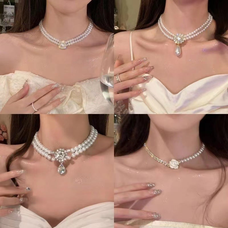 金色珍珠花朵鑲鑽項鍊－商品主圖｜https://igowo.tw/