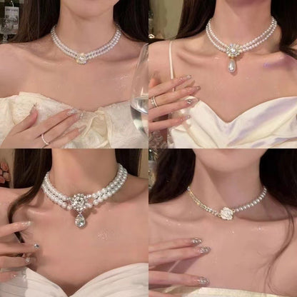 金色珍珠花朵鑲鑽項鍊－商品主圖｜https://igowo.tw/