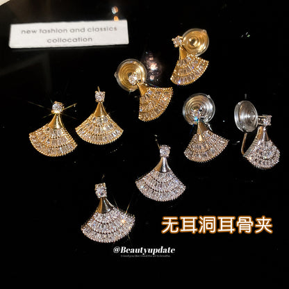 18k真金電鍍銀針鋯石扇形耳釘耳夾休閑簡約氣質耳環輕奢小眾耳飾
