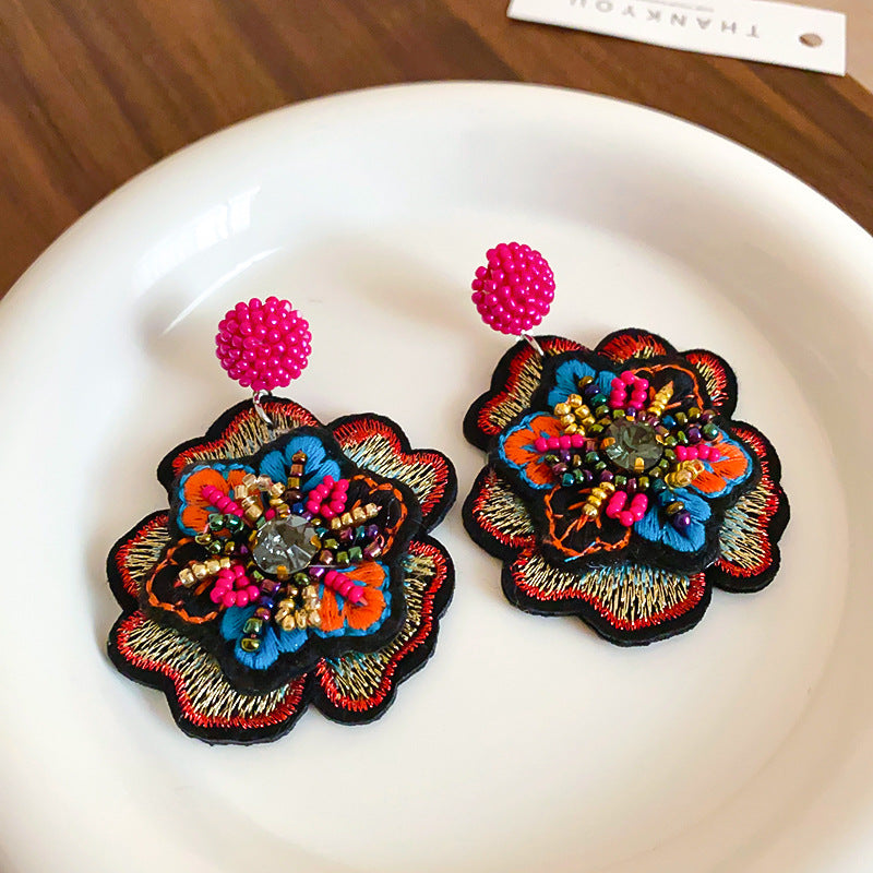 銀針鑲鉆刺繡花朵條紋編織耳釘復古民族風個性耳環耳飾小眾輕奢女