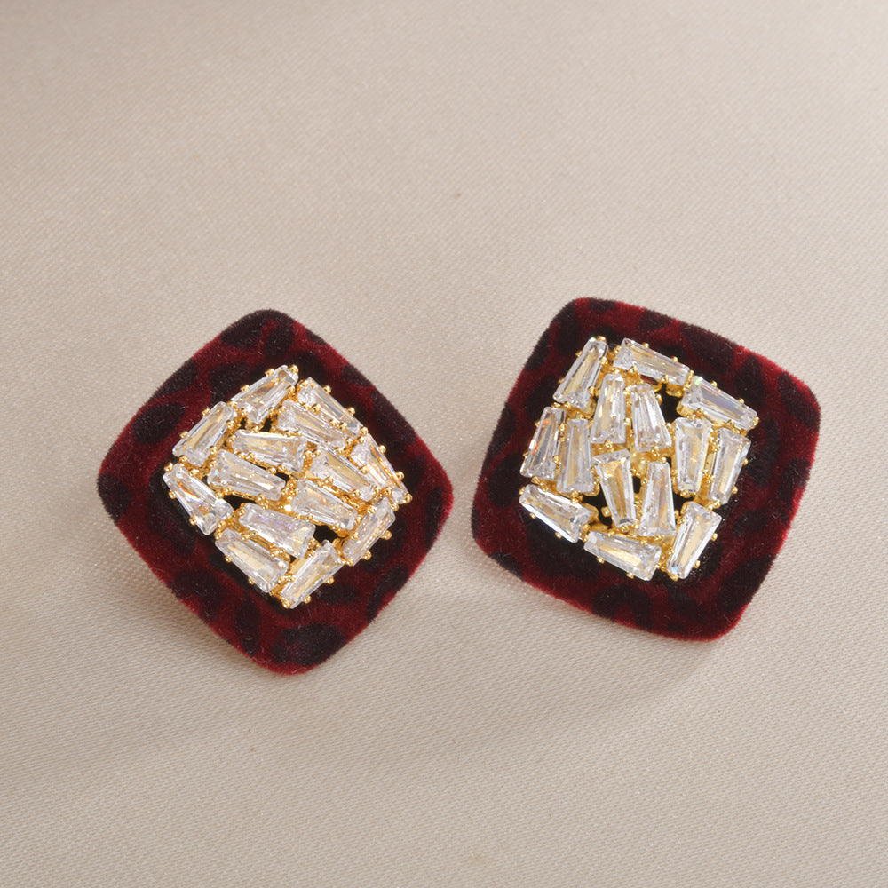 棕色豹紋圓形復古耳釘
