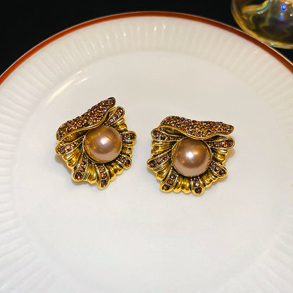 銀針鑲鉆花朵人造珍珠耳釘女中古vintage耳環輕奢高級感時尚耳飾