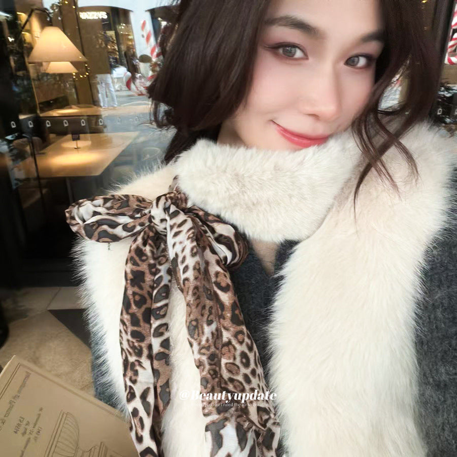 緞帶豹紋復古飾品－絲巾-咖色-蟒紋款細節｜https://igowo.tw/