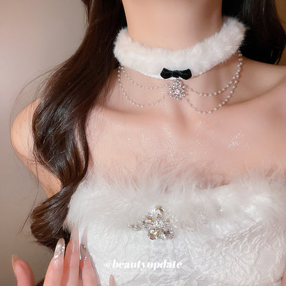 珍珠絨面雪花鑲鑽項鍊－頸鏈-白色款實拍｜https://igowo.tw/