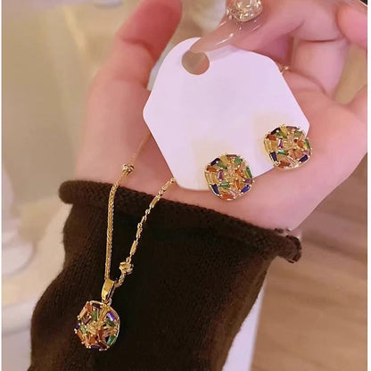 鋯石方形項鍊耳環組－商品主圖｜https://igowo.tw/