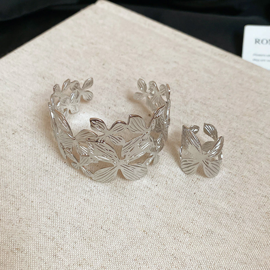 金屬紋路花朵開口手鐲戒指套裝歐美復古百搭手環輕奢高級感手飾女