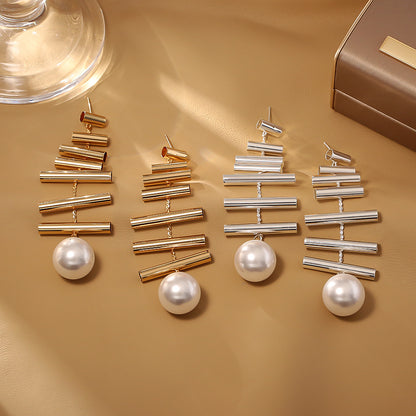 珍珠金屬長版簡約耳釘－商品主圖｜https://igowo.tw/