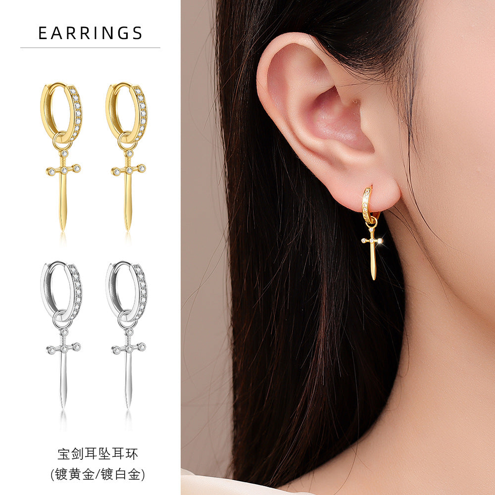 S925 鑲鋯十字架耳環女歐美熱銷輕奢高級感精致耳圈耳飾品