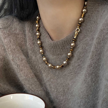 棕色虎眼石墜飾項鍊－10#項鍊-金色-咖色款細節｜https://igowo.tw/