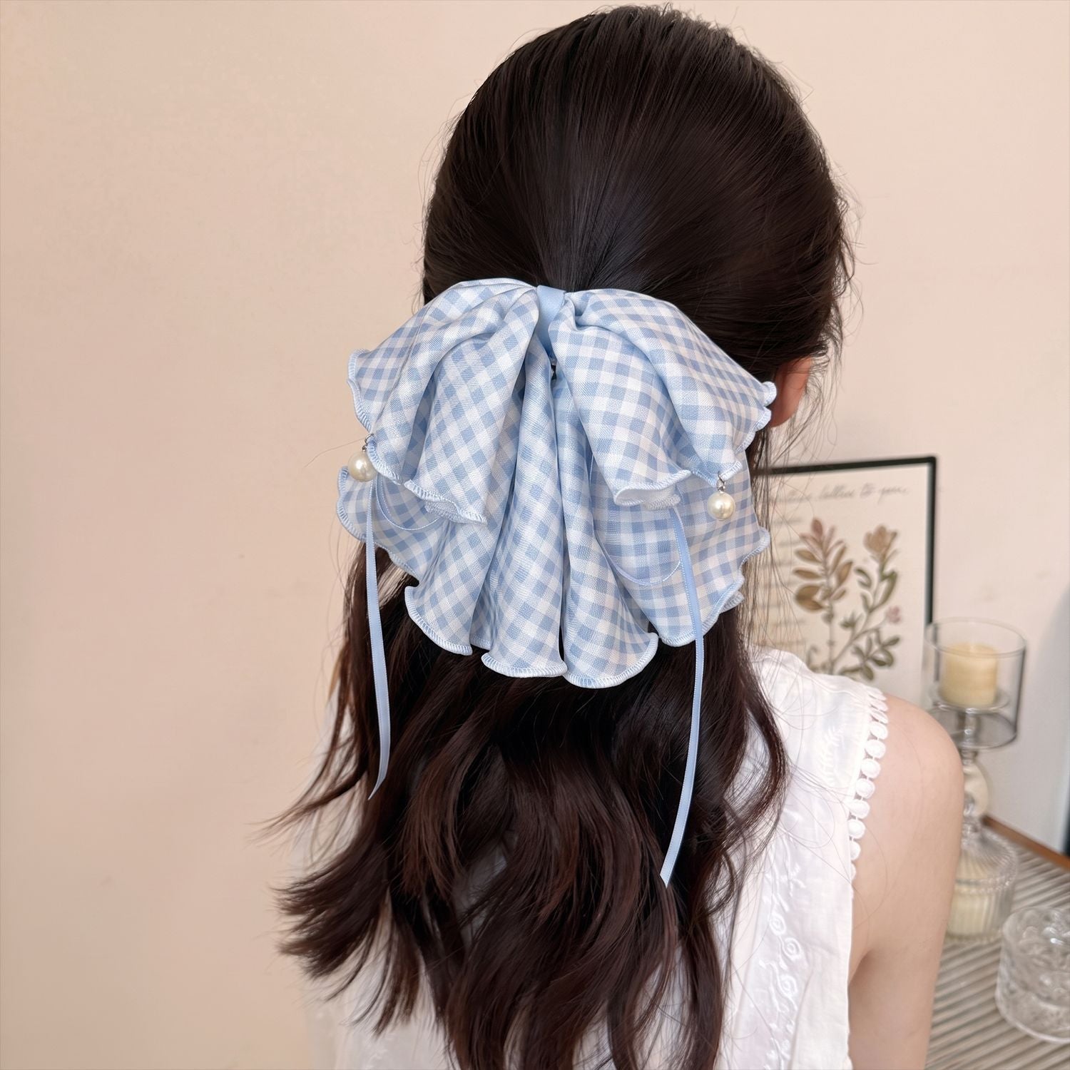 藍色格紋愛心髮夾－藍色愛心款實拍｜https://igowo.tw/