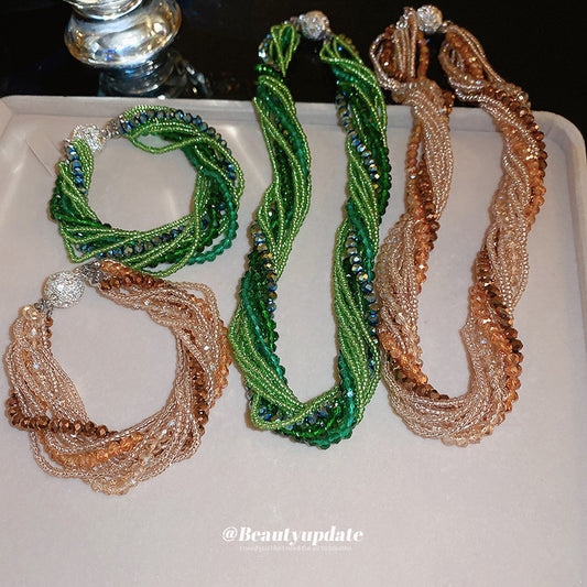 鑲鉆多層纏繞人造水晶款項鏈時尚森系小清新鎖骨鏈高級感氣質項飾