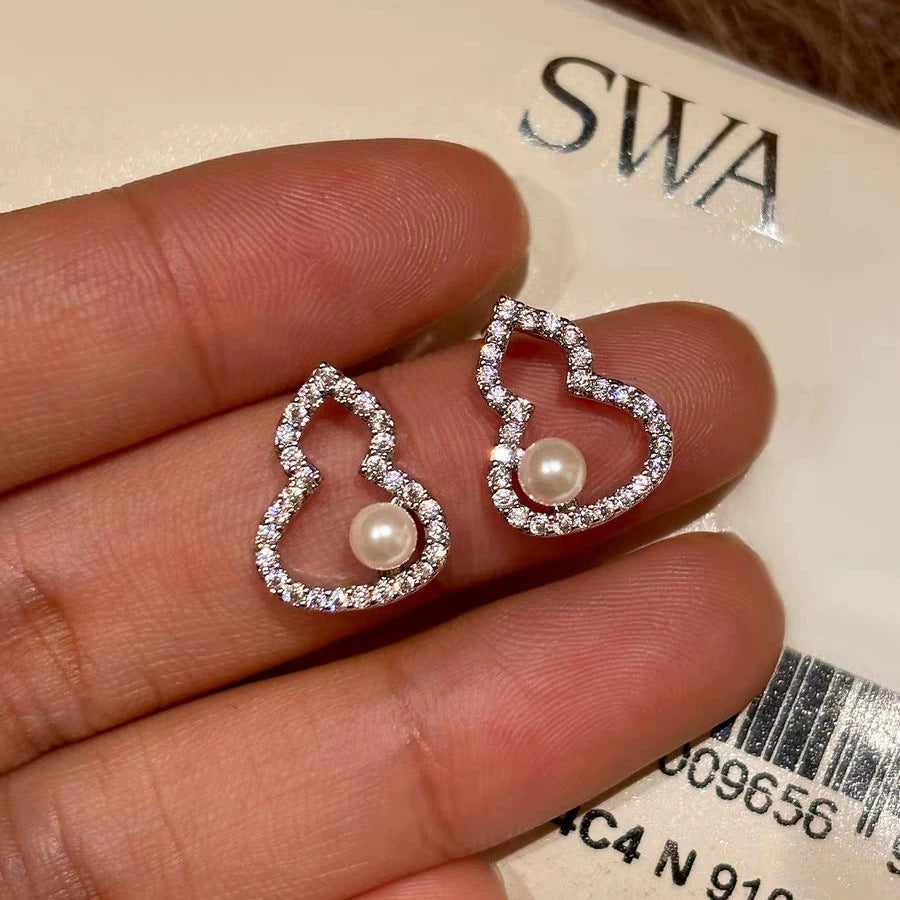 銀針閃鋯葫蘆珍珠耳環
