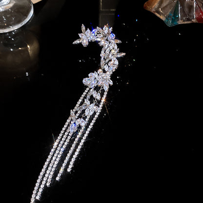 耳畔生花~閃耀鋯石花朵流蘇耳釘耳夾一體式耳環輕奢高級感耳飾女