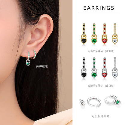 S925 多巴胺彩色鋯石愛心耳環女歐美時尚小眾簡約心形耳扣