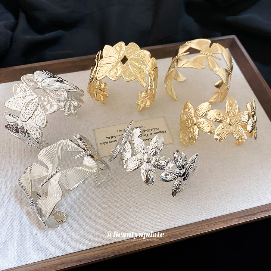 金屬紋路幾何花朵開口手鐲冷淡風潮流個性氣質手環設計感小眾手飾
