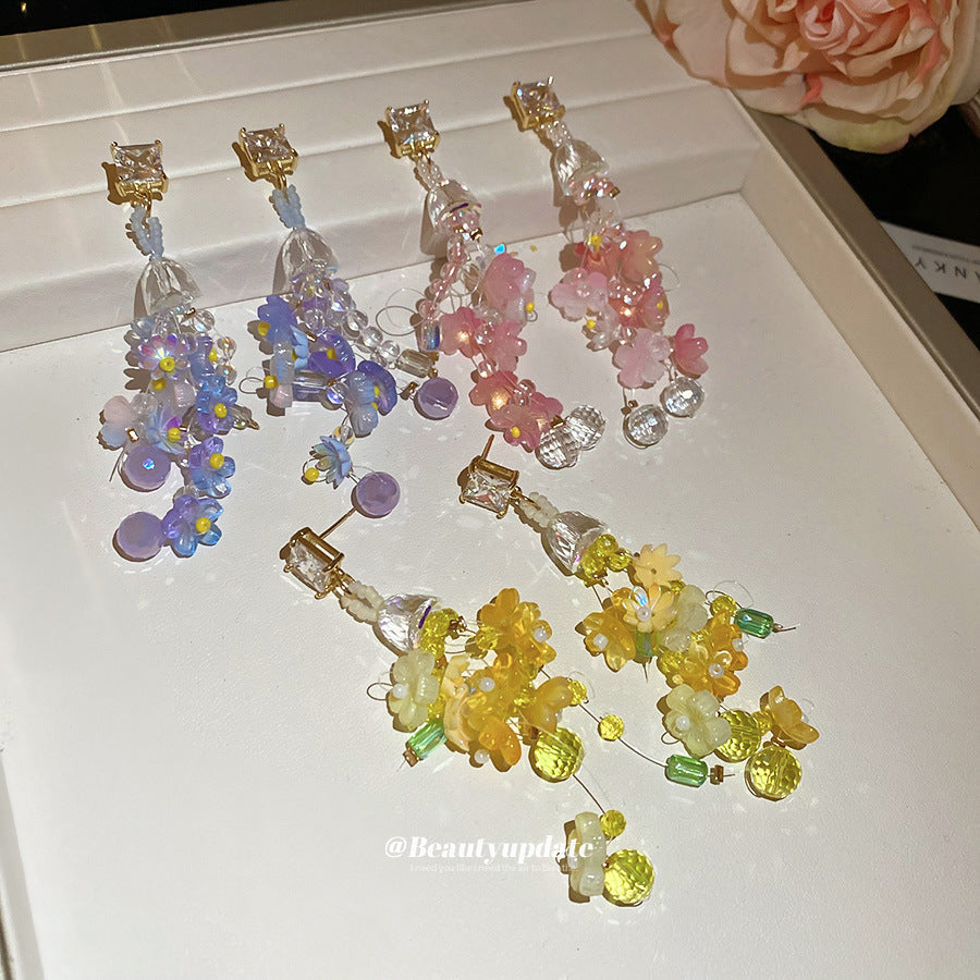 銀針鑲鉆花朵流蘇耳環海邊度假風耳釘清新甜美氣質耳飾設計感小眾