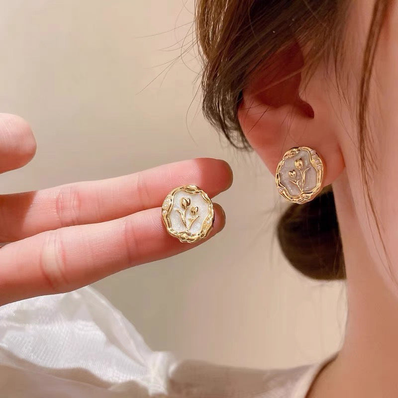 甜美郁金香珍珠耳夾無耳洞高級感小眾金屬不規則耳環溫柔百搭耳釘 甜美郁金香耳針