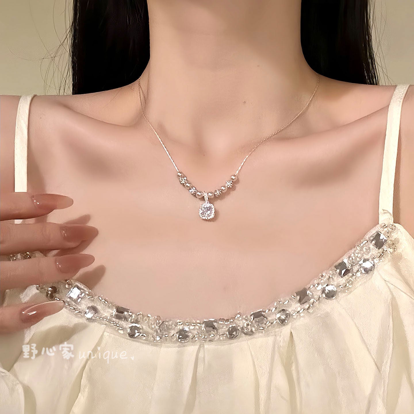 珍珠鋯石方形項鍊－商品主圖｜https://igowo.tw/