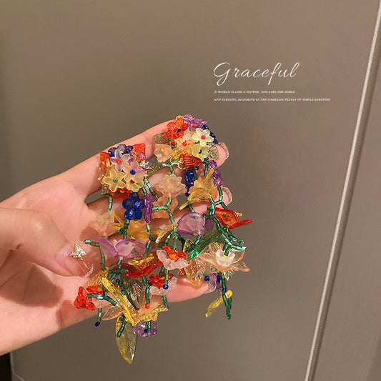 銀針花朵流蘇誇張耳墜－商品主圖｜https://igowo.tw/