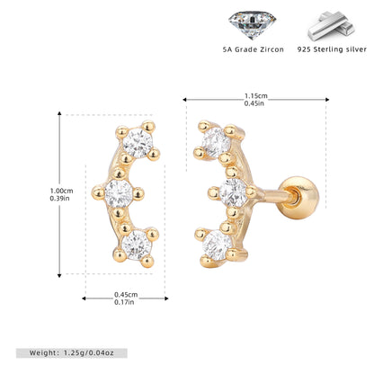S925 新款螺紋耳釘三連星星鑲鋯耳飾簡約ins小眾設計飾品