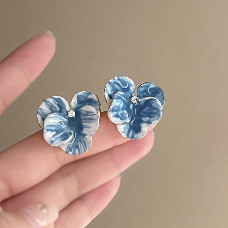 銀針花朵滴油鑲鉆耳釘夏季小清新藍色系耳環時尚百搭高級感耳飾女